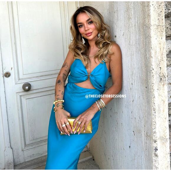 ZARA Metal Detail Cutout Midi Dress NWT – Turquoise V-Neck Blogger Fave, Size M - Picture 2 of 16